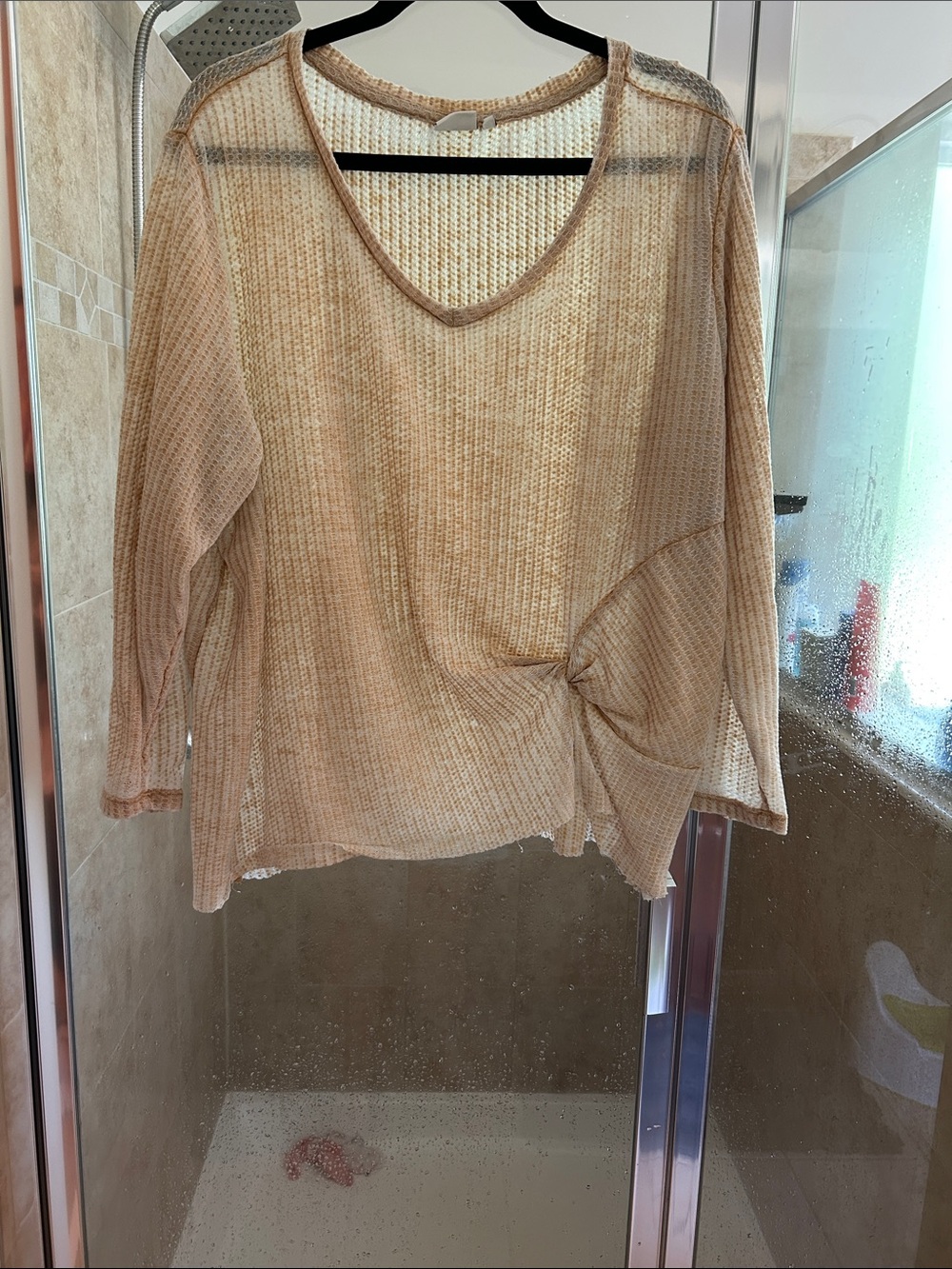 True Craft Sheer Knit V-Neck Twist Hem Top in Beige